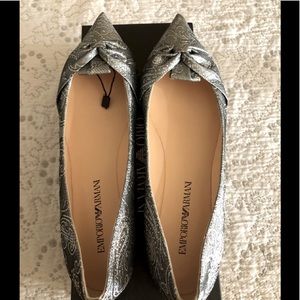 New Emporio Armani brocade silver flats sz 37